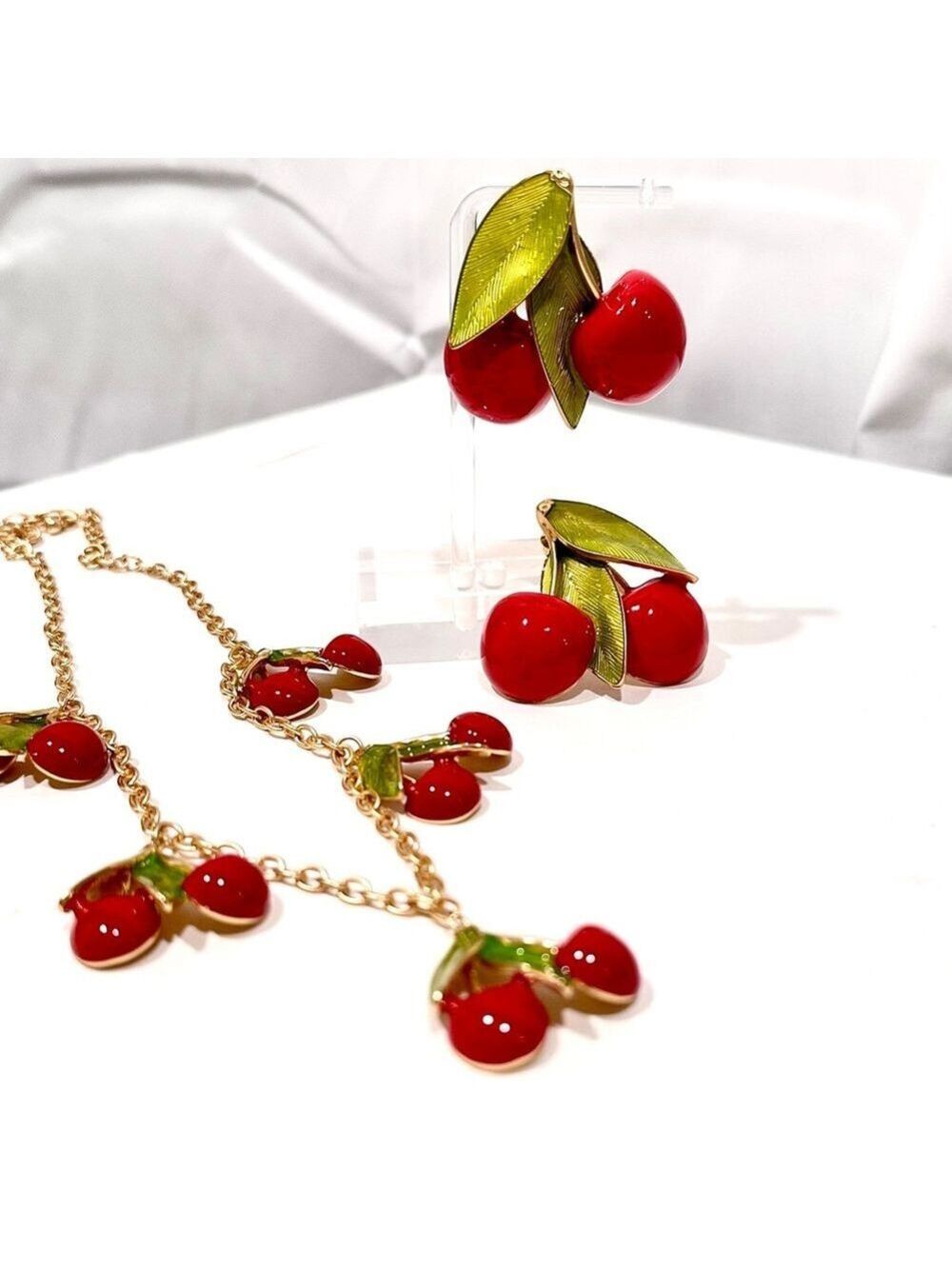 FASHIONABLE FRUIT | Cherries Jubilee Red & Green Enamel Charm Necklace​ | NIB - Picture 9 of 10